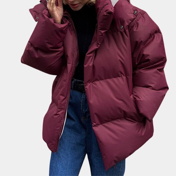 Women's hooded puffer jacket in wine red, oversized quilted funnel neck