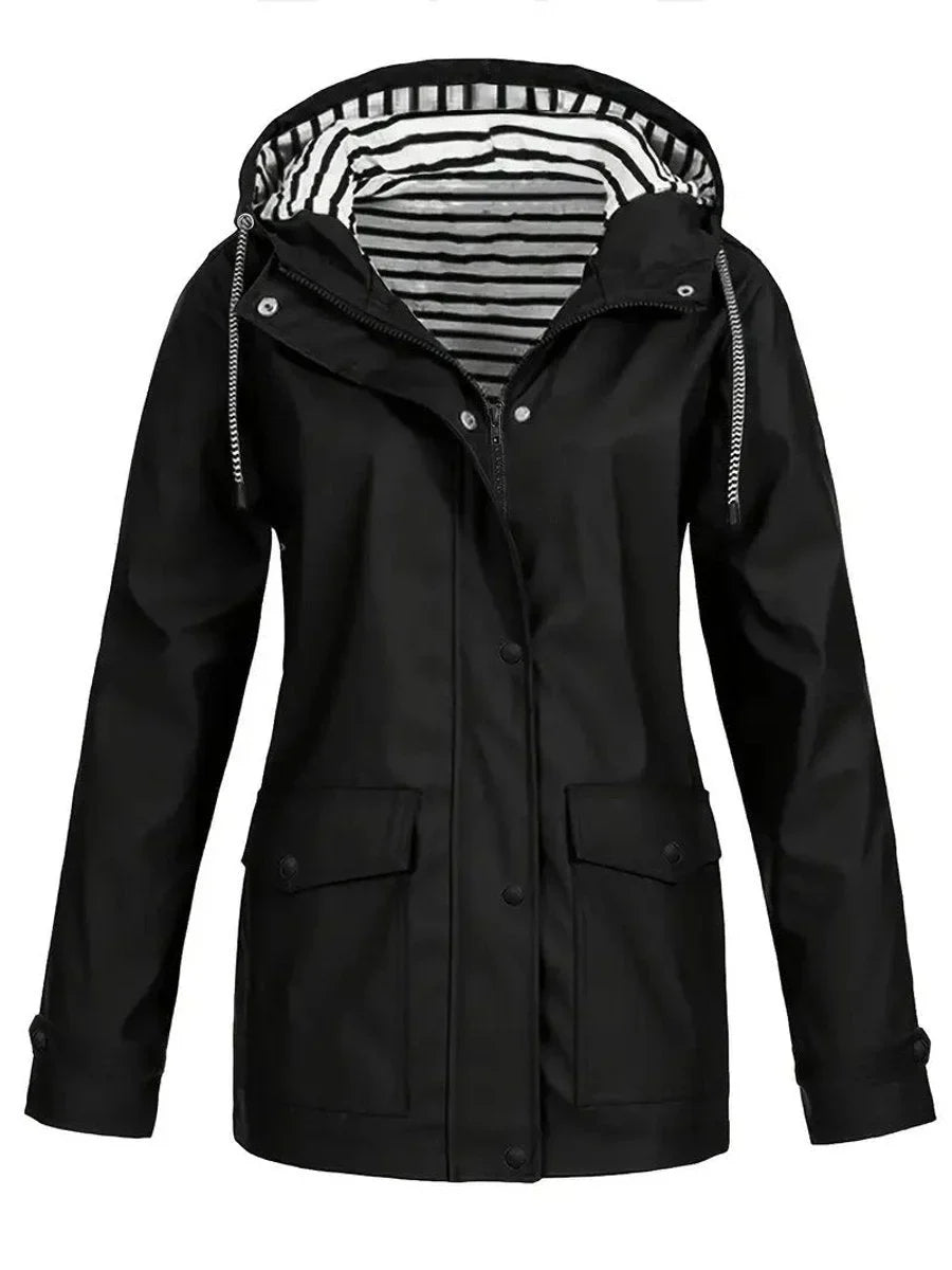 Women's rain jacket in black, striped lining snap button raincoat