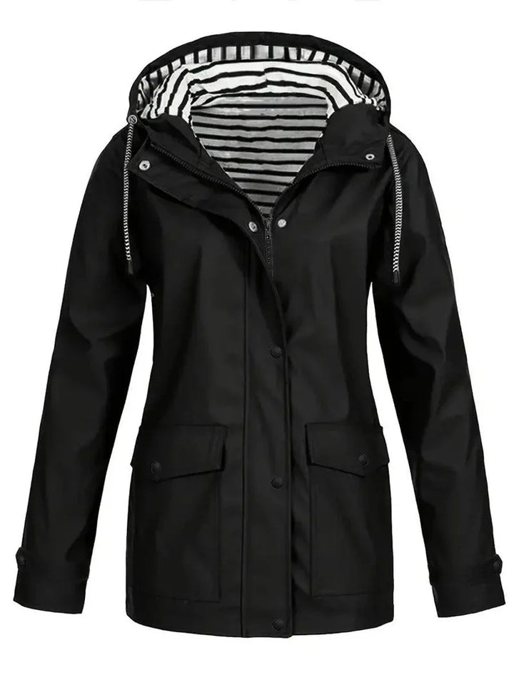 Women's rain jacket in black, striped lining snap button raincoat