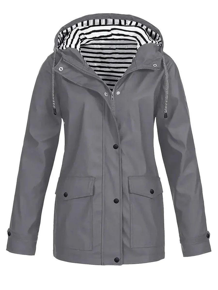 Women's rain jacket in grey, striped lining snap button raincoat