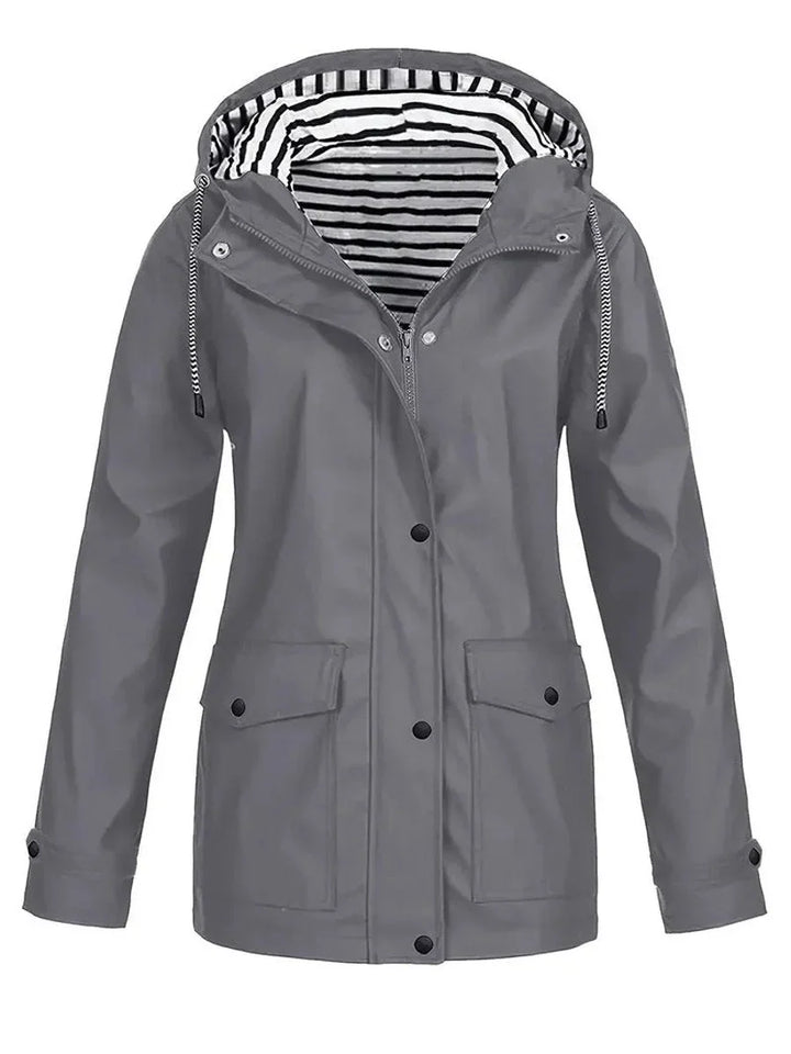 Women's rain jacket in grey, striped lining snap button raincoat