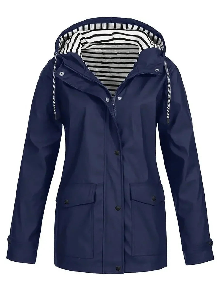Women's rain jacket in navy blue, striped lining snap button raincoat