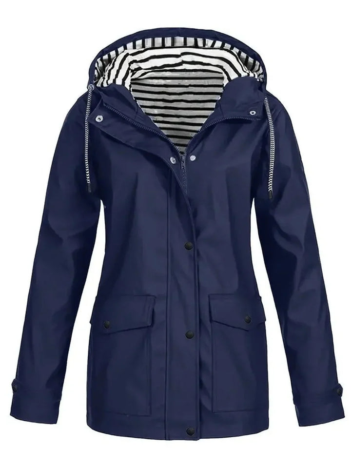 Women's rain jacket in navy blue, striped lining snap button raincoat
