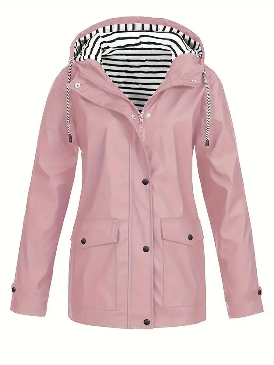Women's rain jacket in pink, striped lining snap button raincoat
