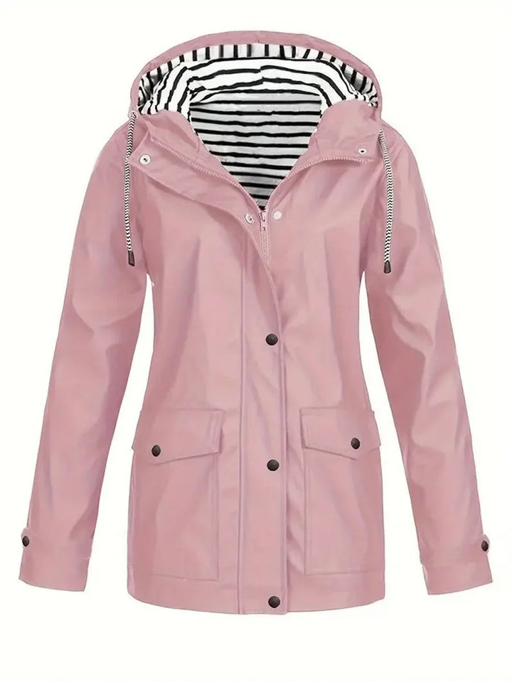 Women's rain jacket in pink, striped lining snap button raincoat
