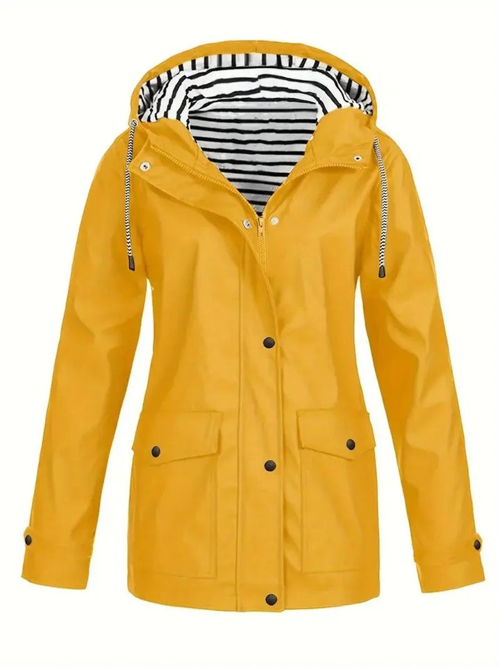 Women's rain jacket in yellow, striped lining snap button raincoat