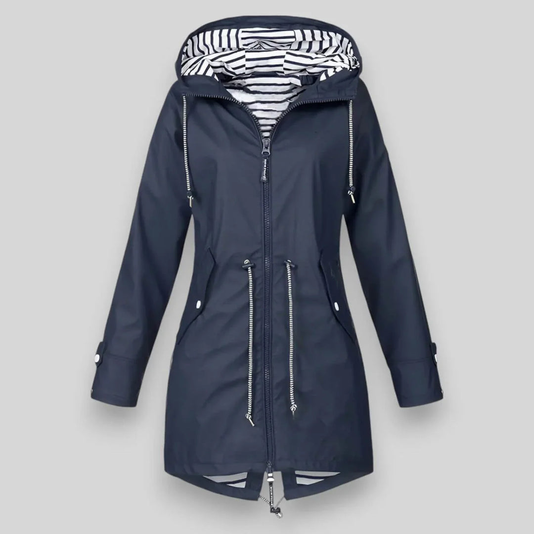 Women's raincoat in navy blue, drawstring waist striped lining longline