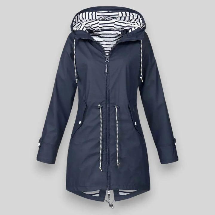 Women's raincoat in navy blue, drawstring waist striped lining longline