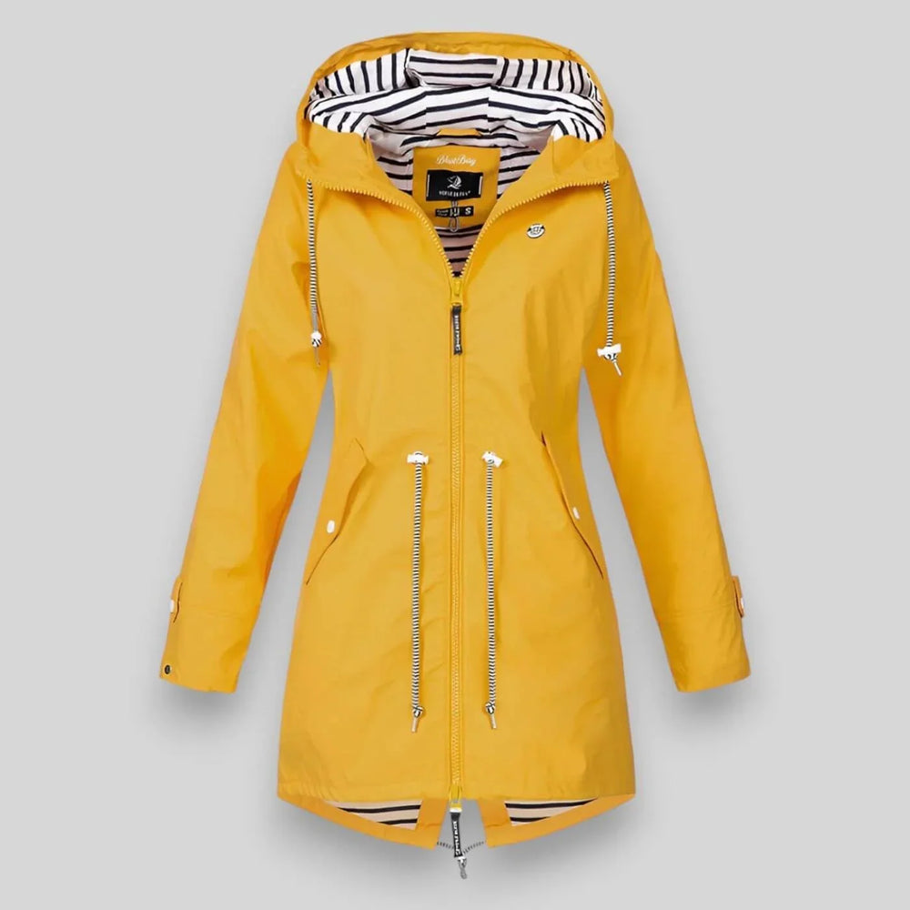 Women's raincoat in yellow, drawstring waist striped lining longline