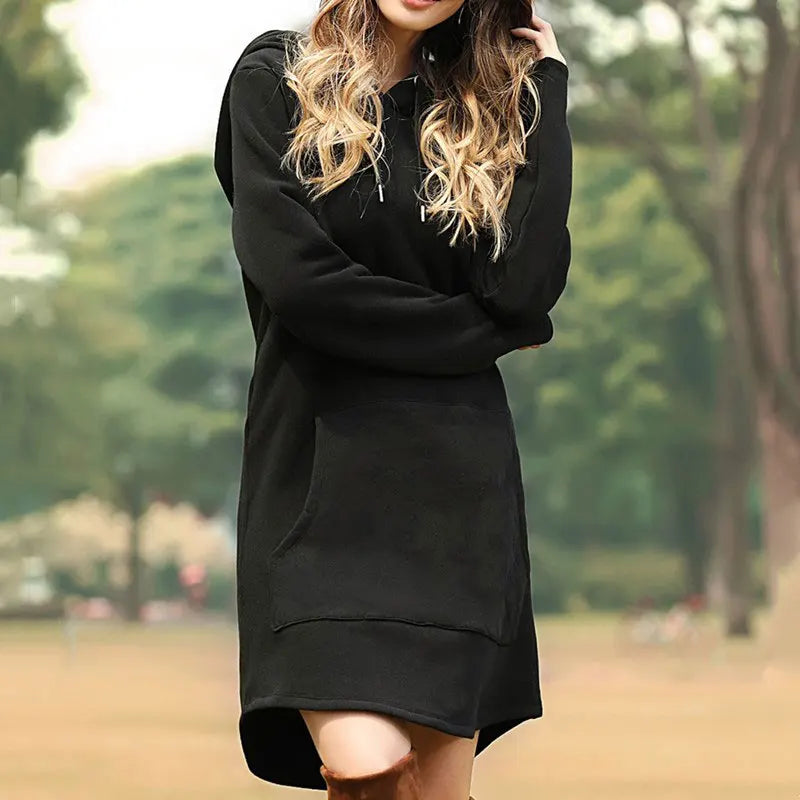 Black long hoodie dress with drawstring hood, front view