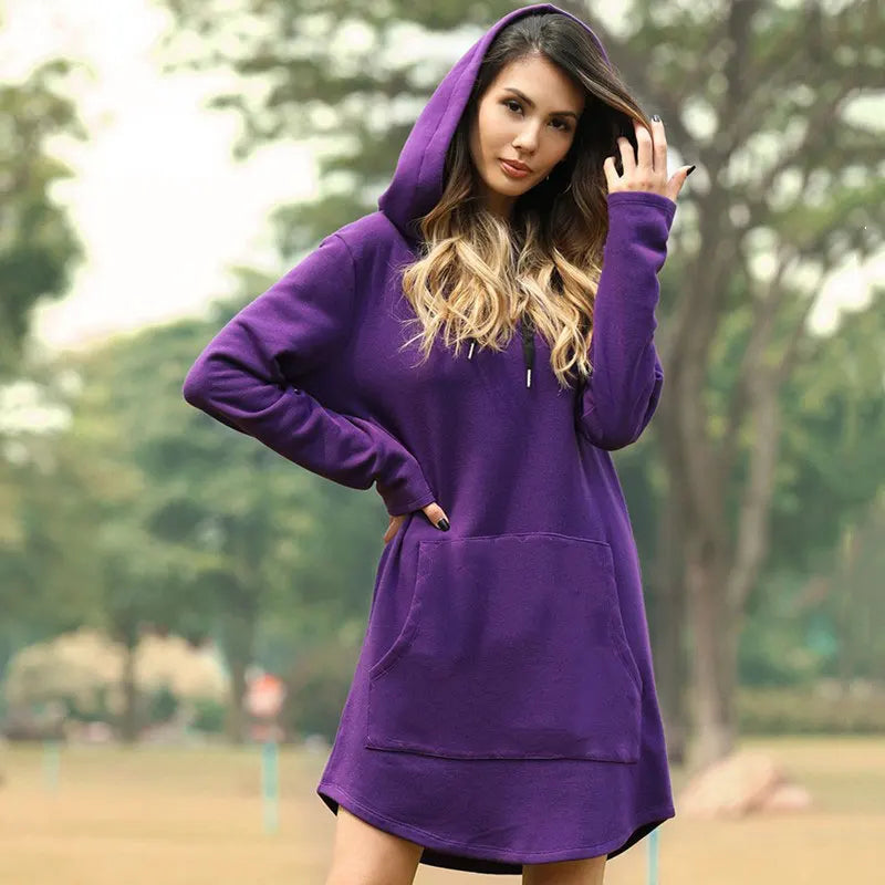 Purple hoodie dress worn with the hood up