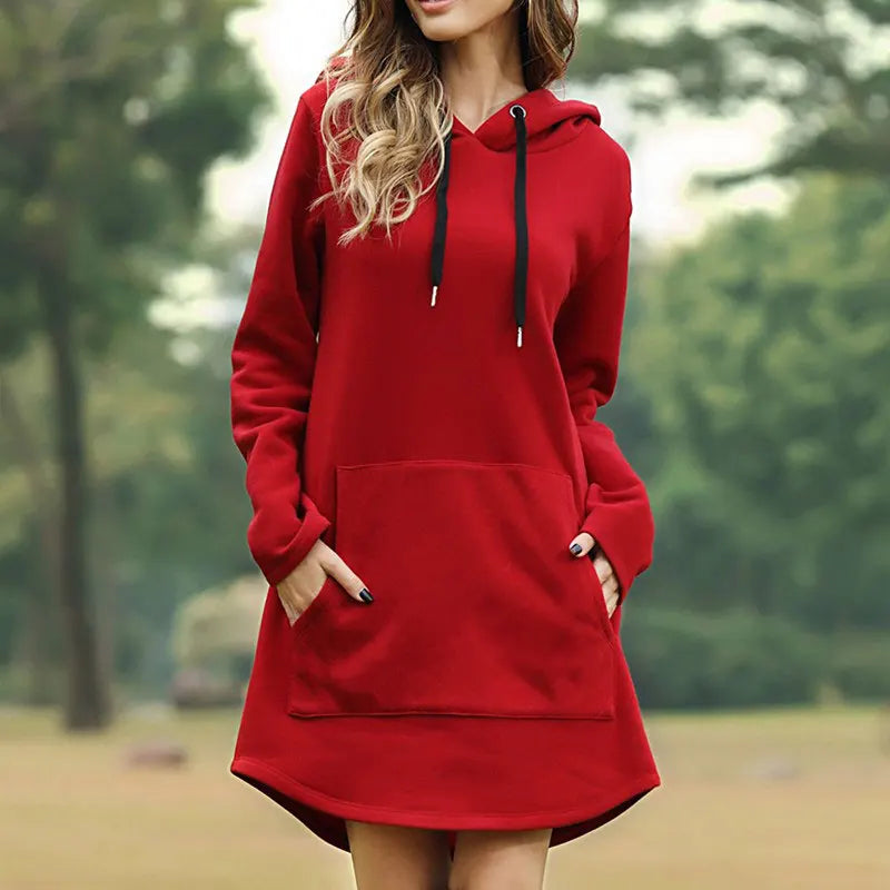 Women's hoodie dress in red, long sweatshirt dress with kangaroo pocket