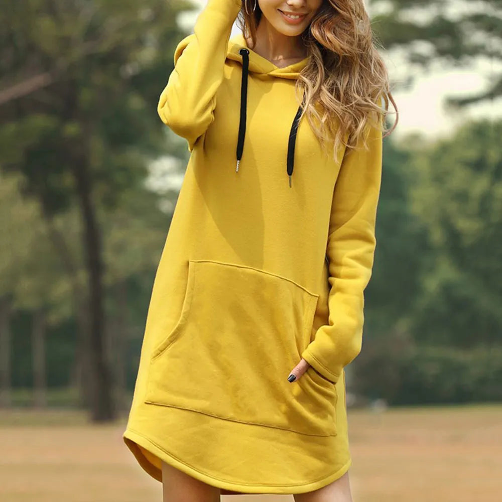 Yellow long hoodie dress with drawstring hood and front pocket