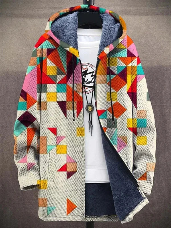 Cream hoodie with scattered coloured triangles and squares, open zip