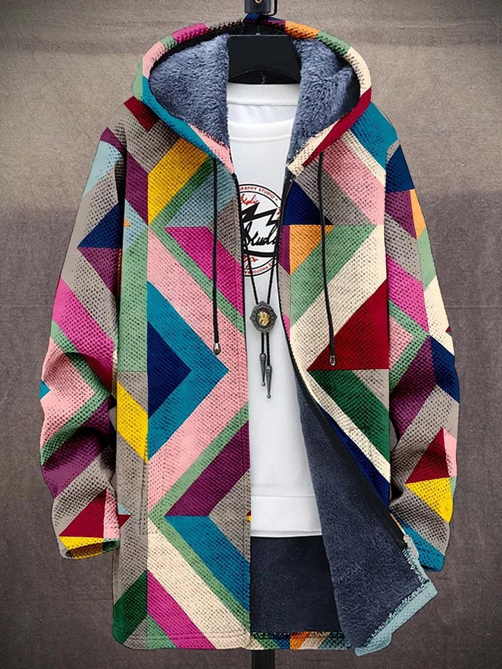 Women's hoodie in a pink geometric patchwork print, longline with fleece lining