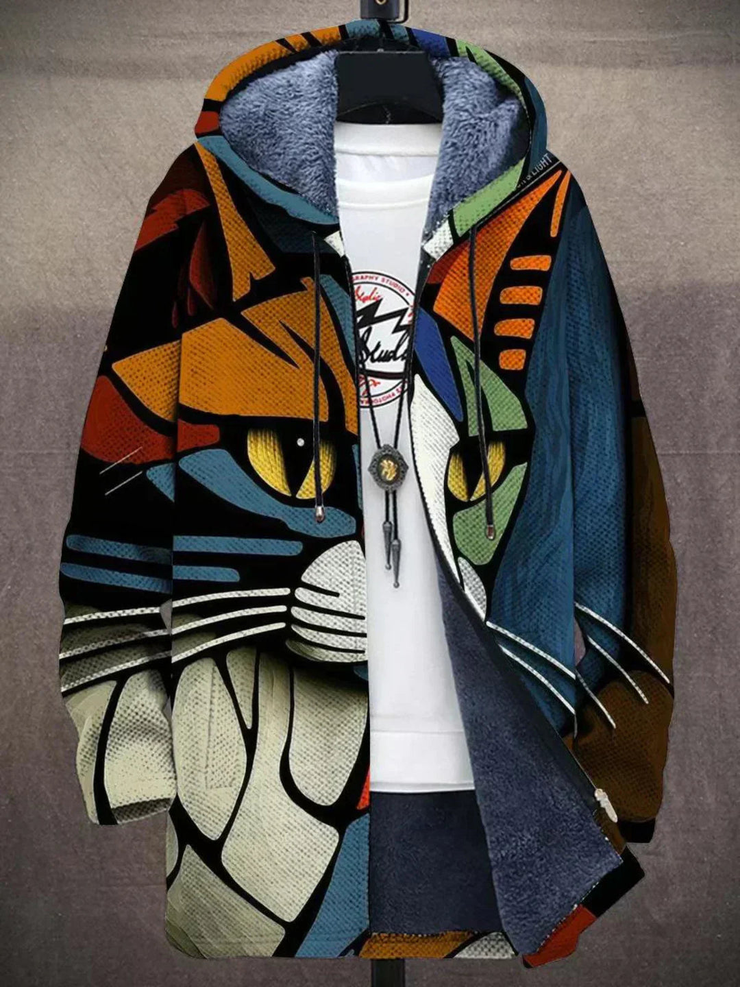 Cat print hoodie with a bold cubist cat face across the front
