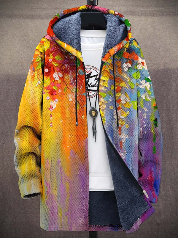 Painted floral hoodie in yellow, orange and purple with drawcord hood