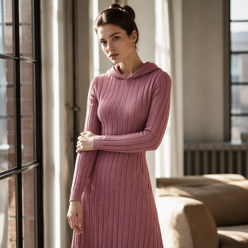 Close up of dusty pink ribbed dress showing hood and fitted long sleeves