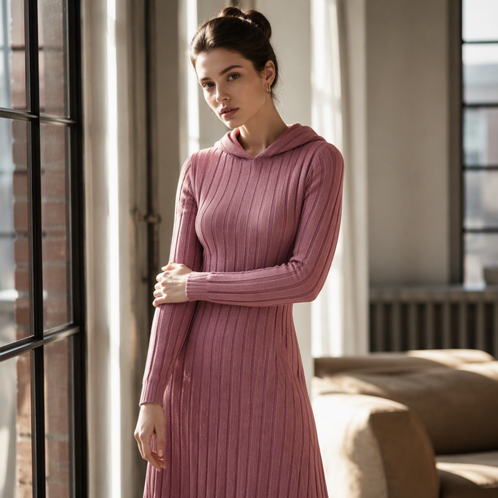 Close up of dusty pink ribbed dress showing hood and fitted long sleeves