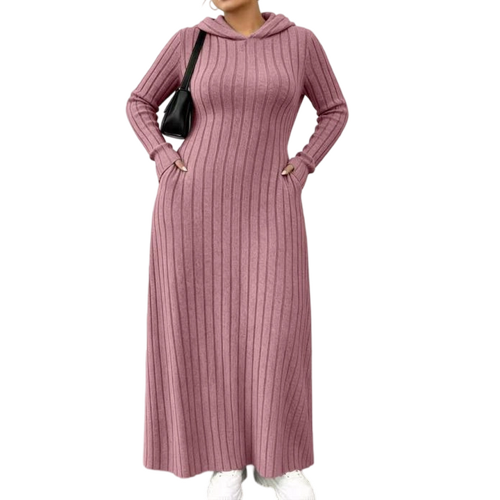 Dusty pink hooded maxi dress with ribbed texture on a white background