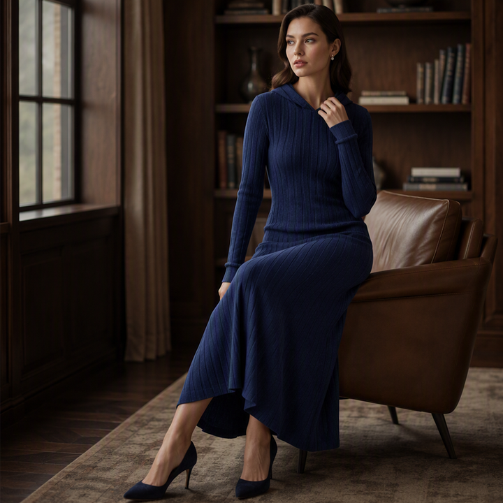 Navy blue ribbed hooded dress worn seated in a library chair