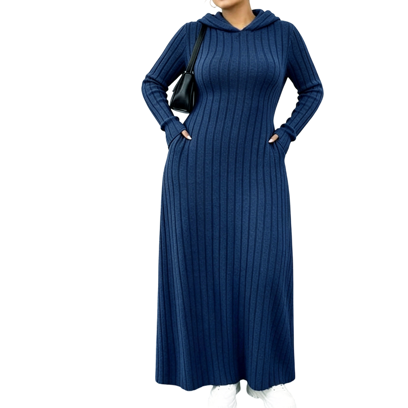 Navy blue ribbed hooded maxi dress on a white background