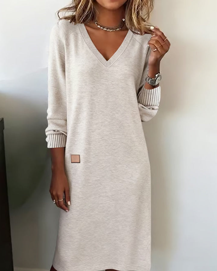 Women's jumper dress in light grey, V neck long sleeve knitted midi