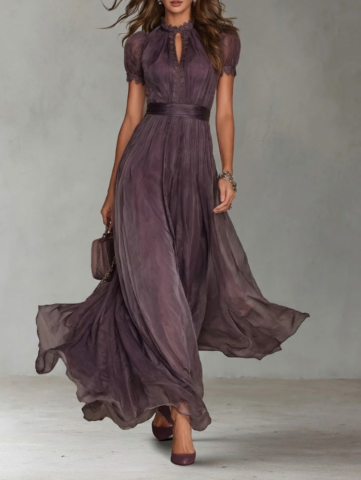 Women's maxi dress in purple, short sleeve flowy pleated