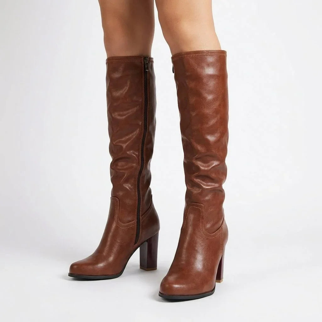 Women's knee high boots in brown, block heel round toe heeled