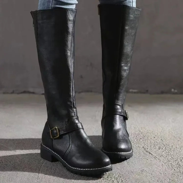 Women's knee high boots in black, buckle strap flat riding boots
