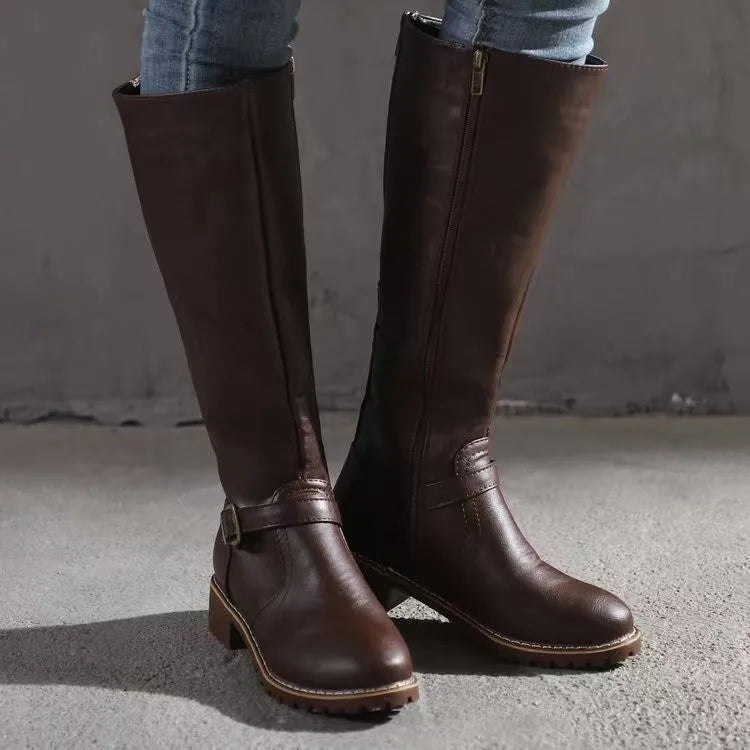Women's knee high boots in dark brown, buckle strap flat riding boots