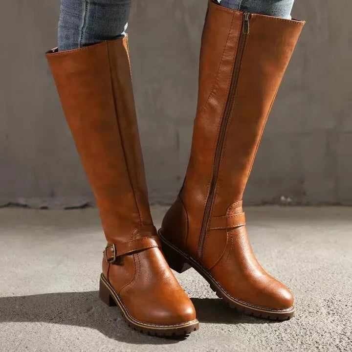 Women's knee high boots in light brown, buckle strap flat riding boots