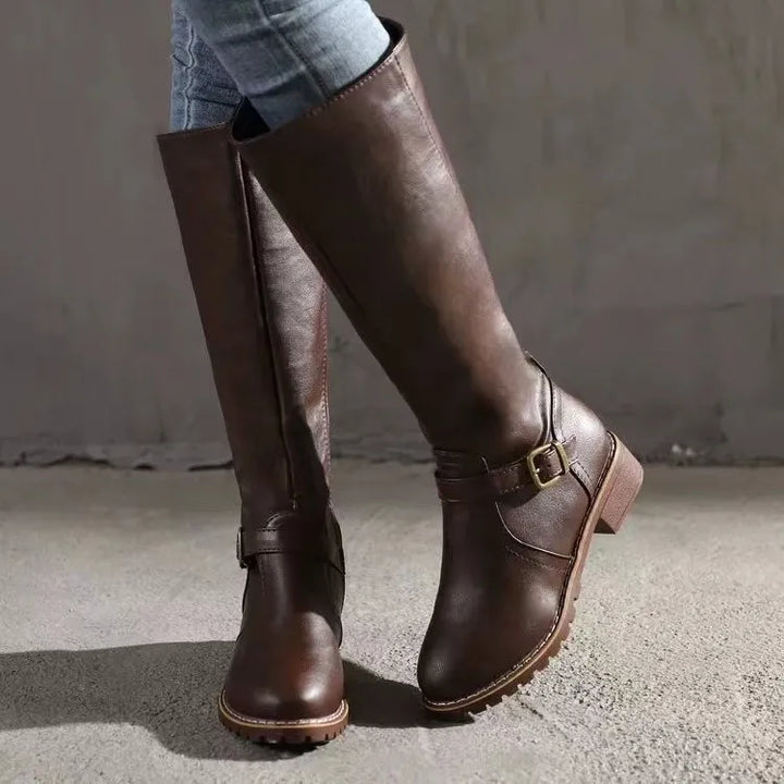 Women's knee high boots, buckle strap flat riding boots, view 2