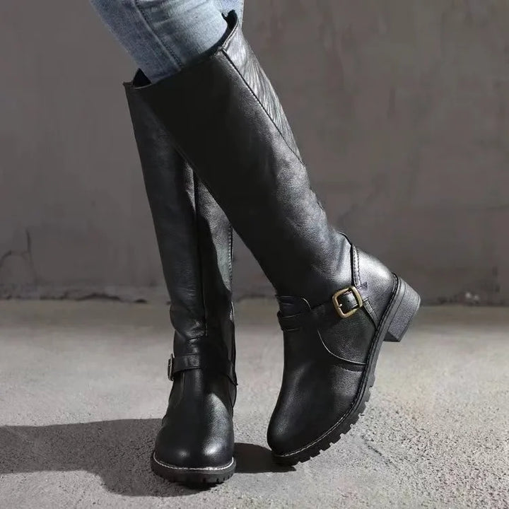 Women's knee high boots, buckle strap flat riding boots, view 1