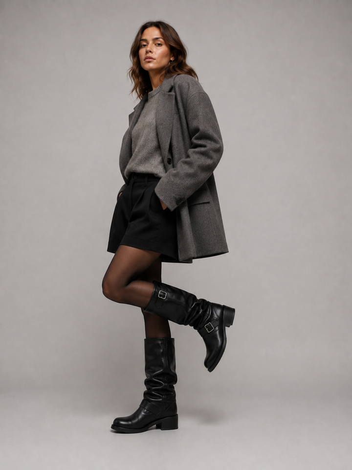 Model wearing the black knee high boots