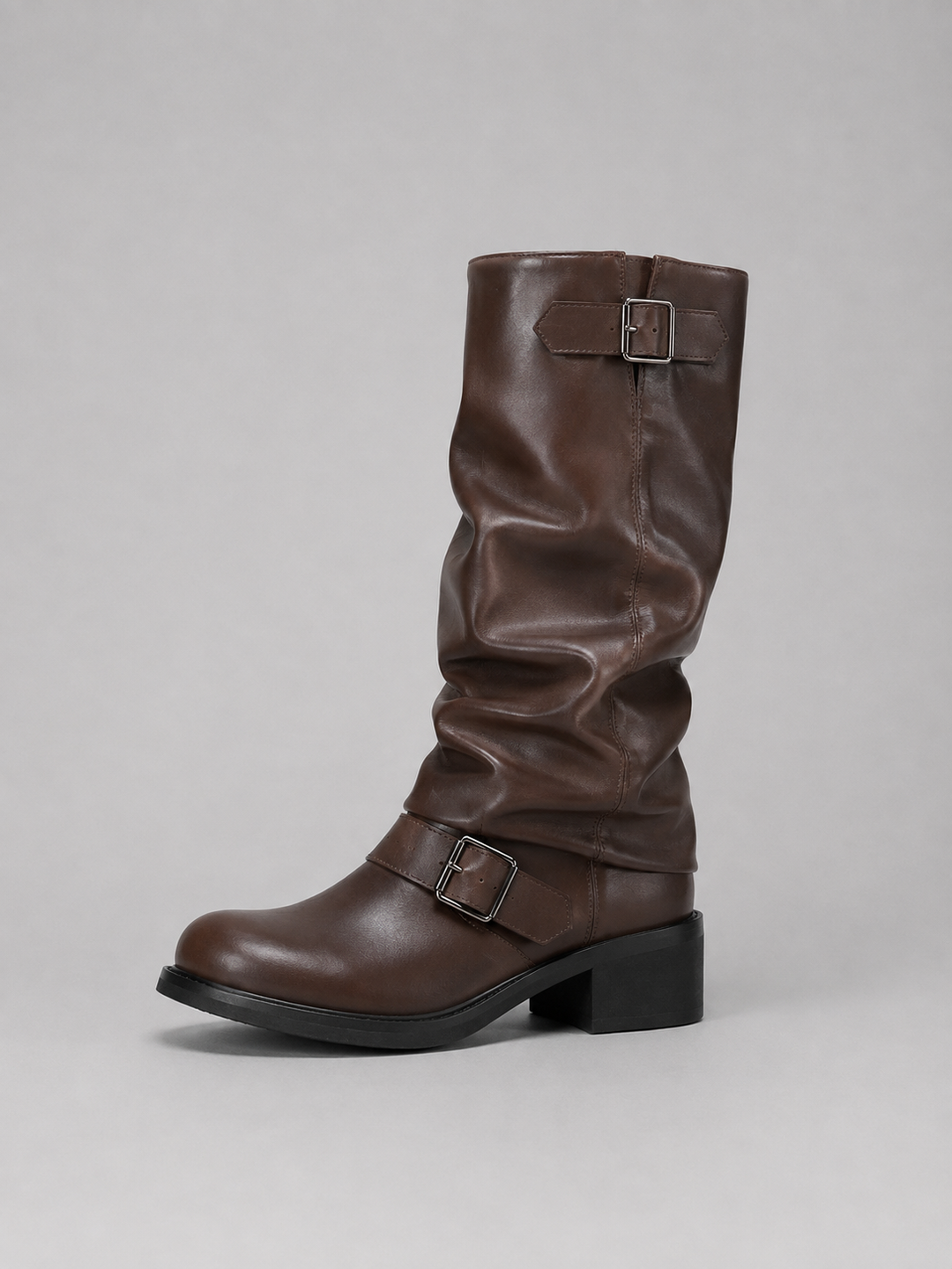 Women's knee high boots in brown, slouch biker with buckle straps