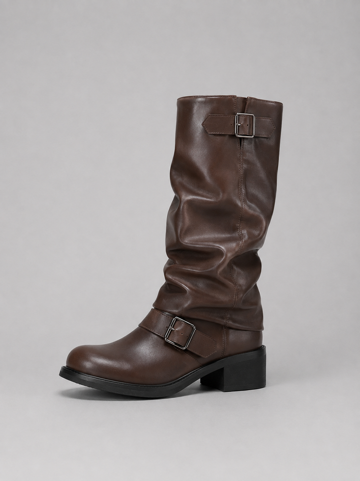 Women's knee high boots in brown, slouch biker with buckle straps