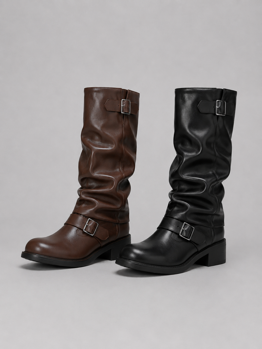 Knee high boots in brown and black side by side