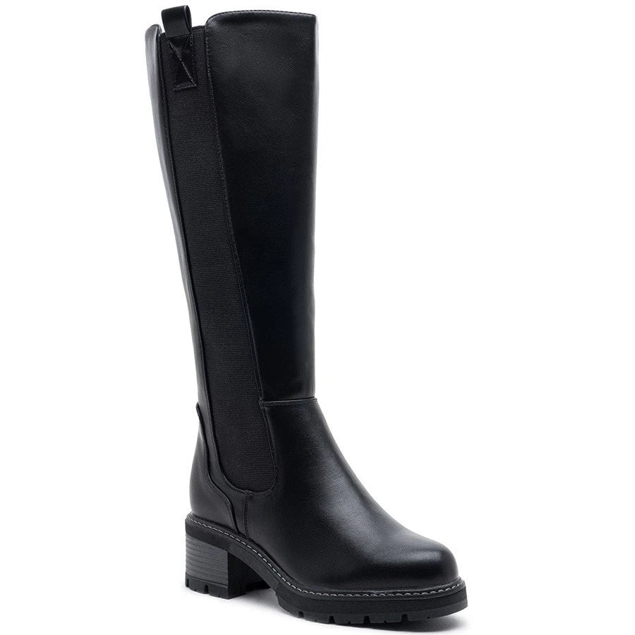 Black knee high boots, three quarter view on a plain background
