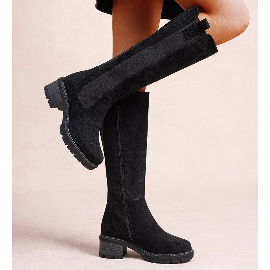 Black Suede-Look knee high boots, worn on foot, front view