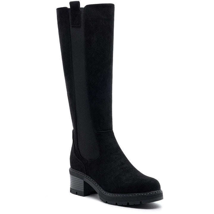 Black Suede-Look knee high boots, three quarter view on a plain background