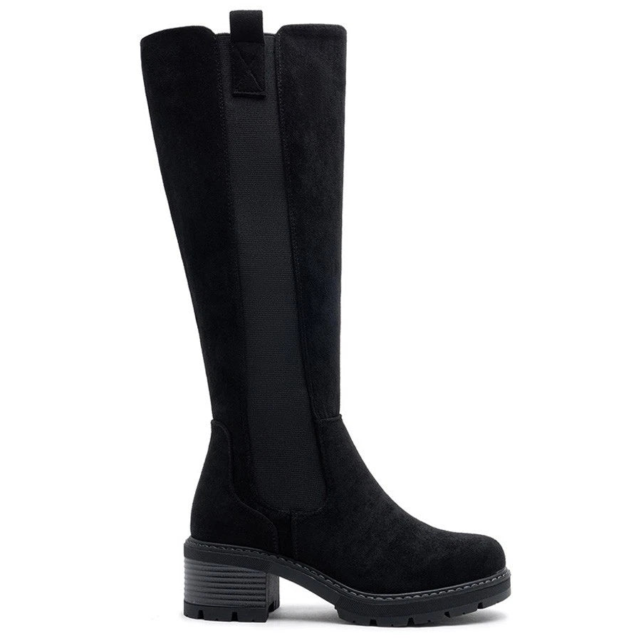 Black Suede-Look knee high boots, side view on a plain background