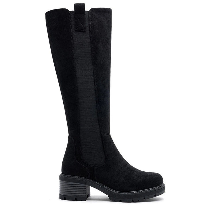 Black Suede-Look knee high boots, side view on a plain background