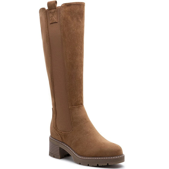 Camel knee high boots, three quarter view on a plain background