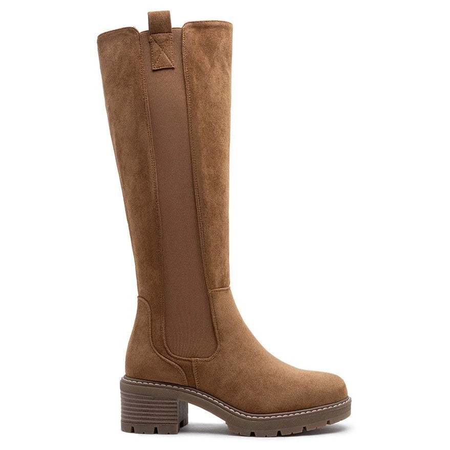 Camel knee high boots, side view on a plain background