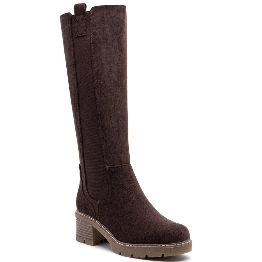 Dark Brown knee high boots, three quarter view on a plain background