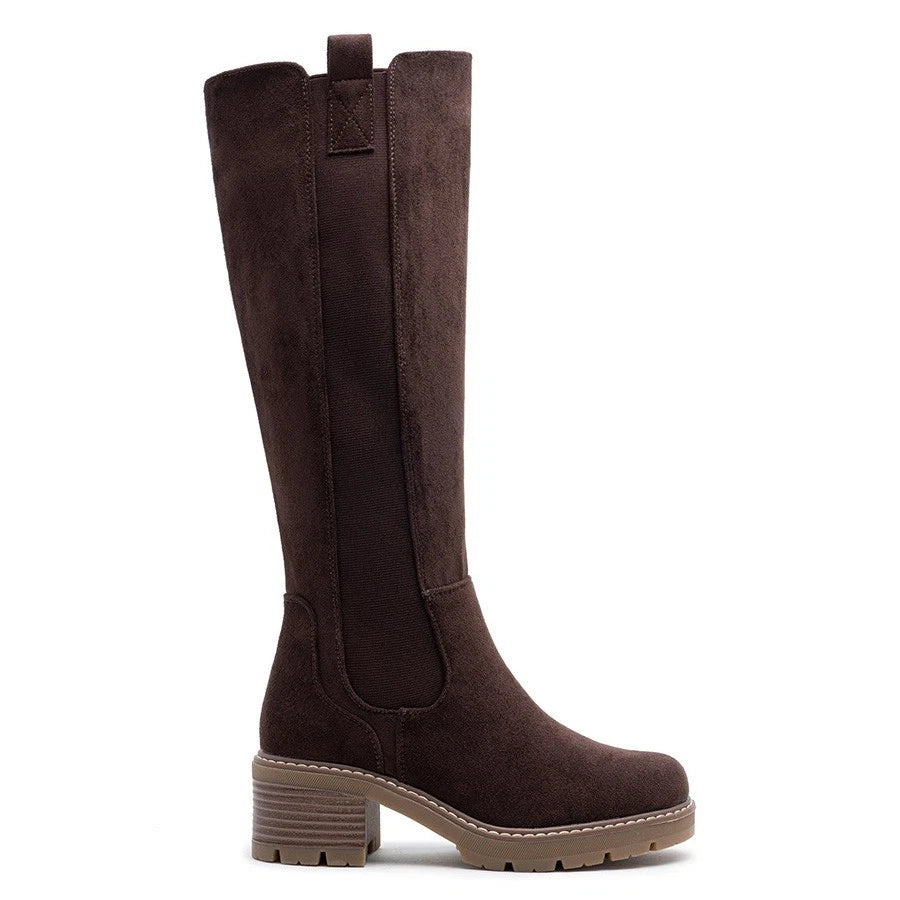Dark Brown knee high boots, side view on a plain background