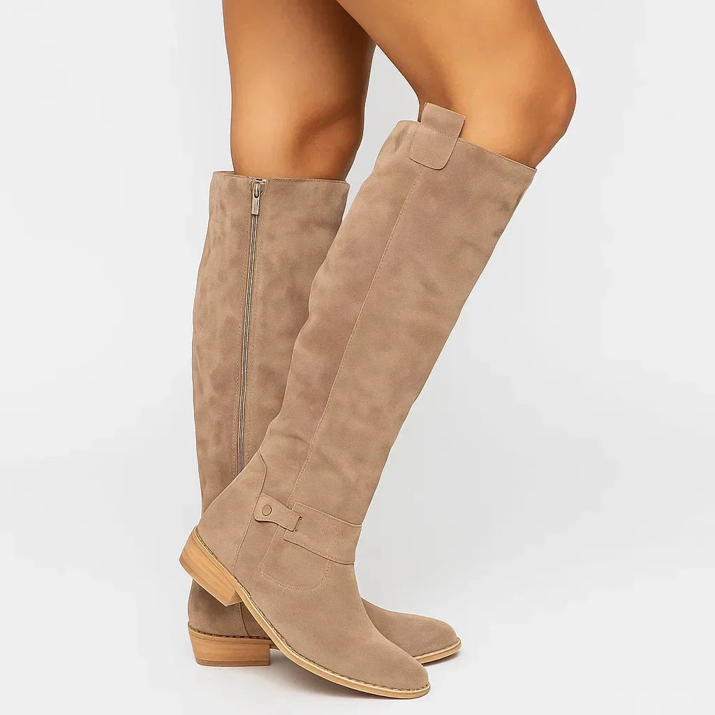 Women's knee high boots in beige, suede look block heel