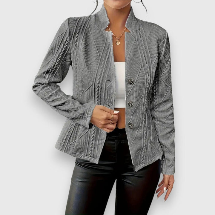 Women's knit blazer in grey, textured stand collar button front