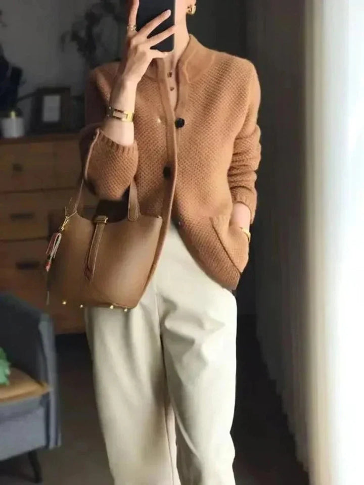 Women's knitted cardigan in brown, button front stand collar pocket